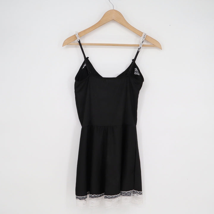 Black Lace Up Corset Mini Dress White Lace Trim Spaghetti Strap Goth Coquette