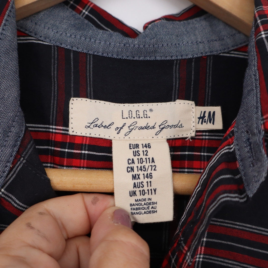 HM LOGG Boys Plaid Button Down Shirt Black Red White Size 12