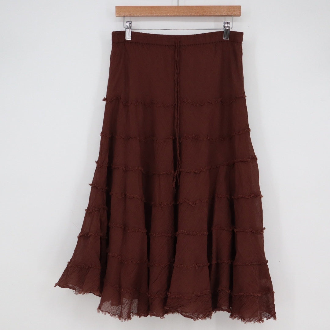 Metrowear Brown Cotton Tiered Midi Skirt Large Boho Ruffle Elastic Waist Lined