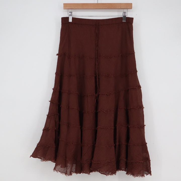 Metrowear Brown Cotton Tiered Midi Skirt Large Boho Ruffle Elastic Waist Lined