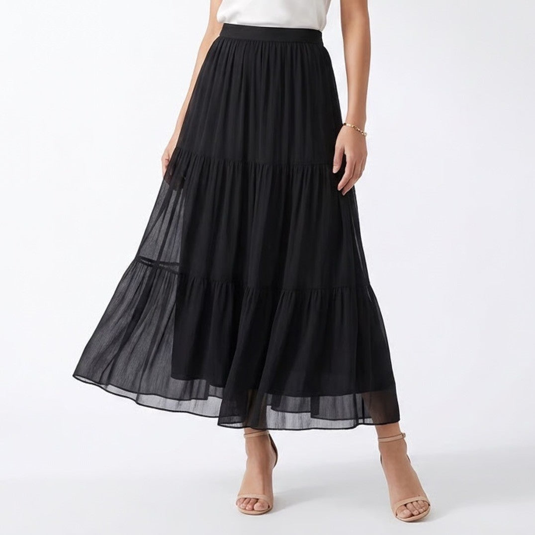 AB Studio Womens Black Tiered Mesh Maxi Skirt Fold Over Waist Size L