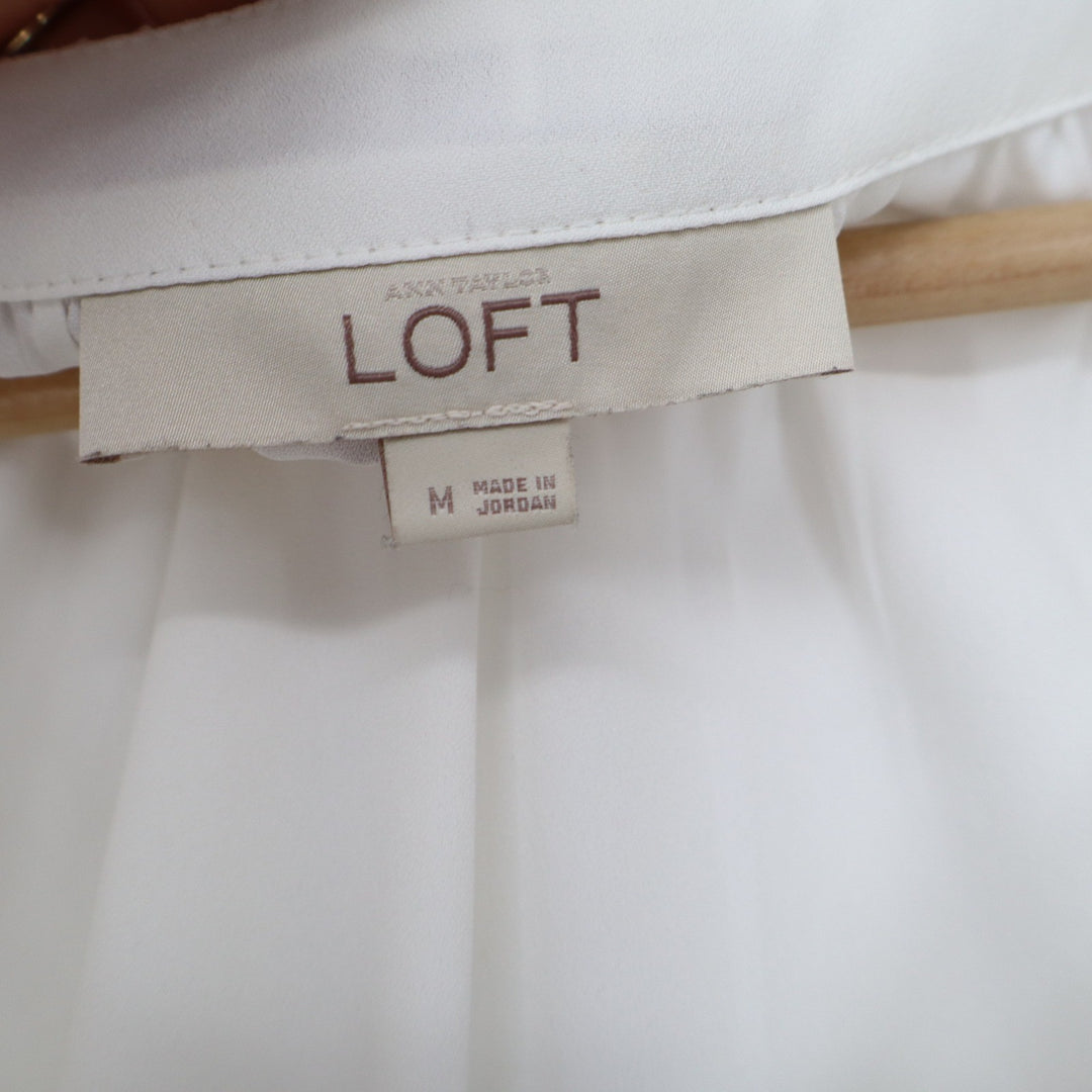 Ann Taylor LOFT Womens Medium Off White Short Flutter Sleeve Bow Tie Blouse Top