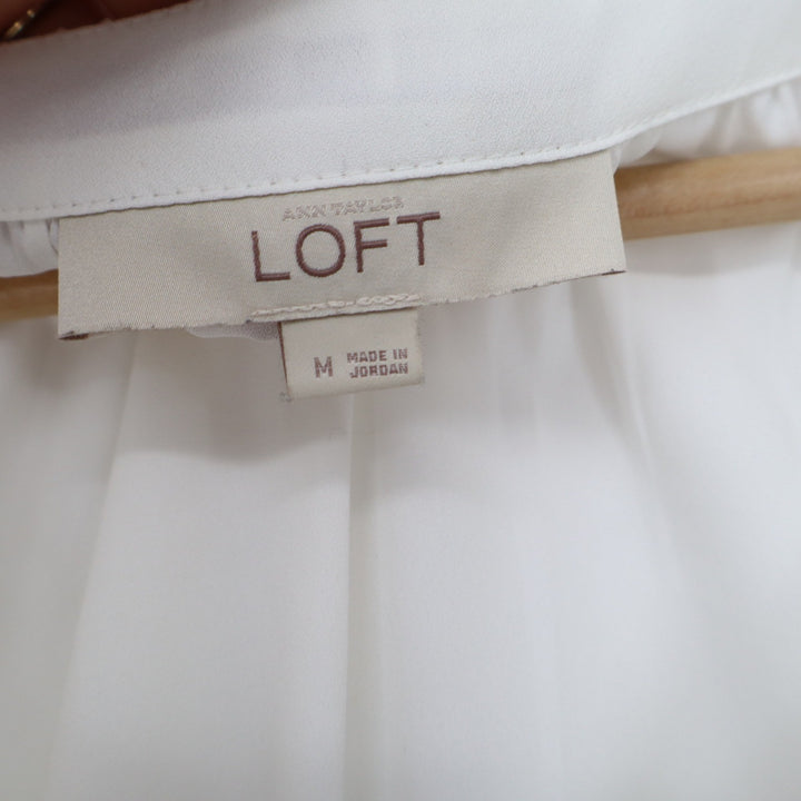 Ann Taylor LOFT Womens Medium Off White Short Flutter Sleeve Bow Tie Blouse Top