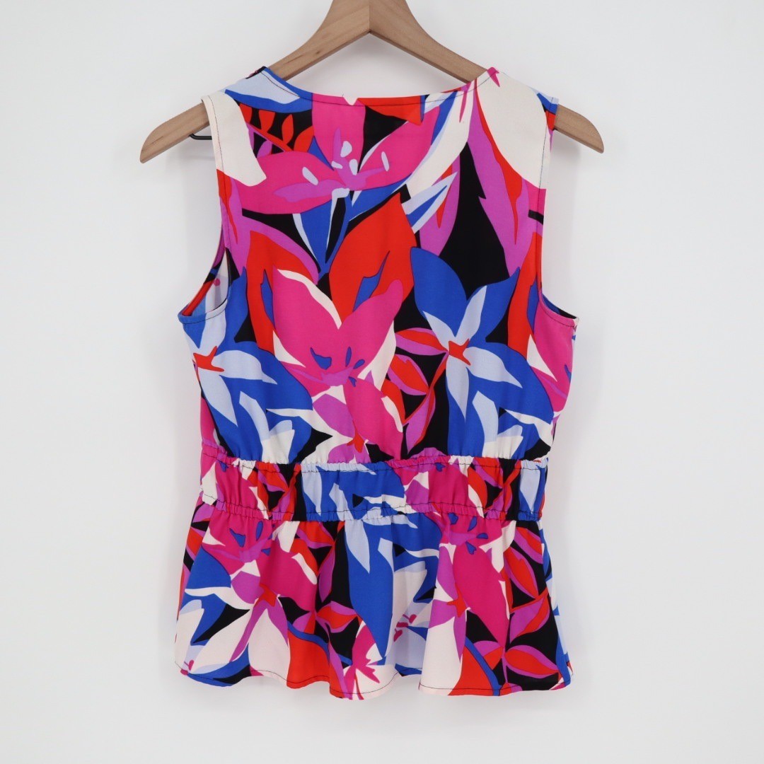 Nine West Sleeveless V Neck Peplum Top Floral Print Pink Blue Women's Size S