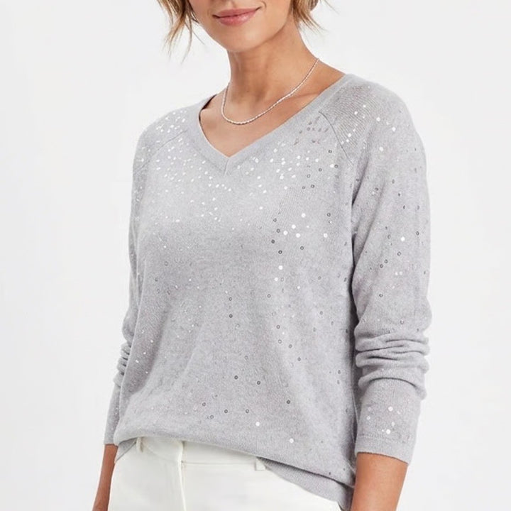 Chan Luu Grey Sequin V-Neck Viscose Knit Raglan Sweater Size L