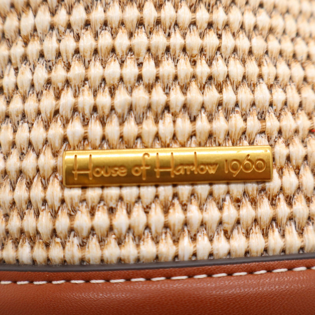 House of Harlow 1960 Woven Straw Leather Bucket Bag Brown Beige Crossbody