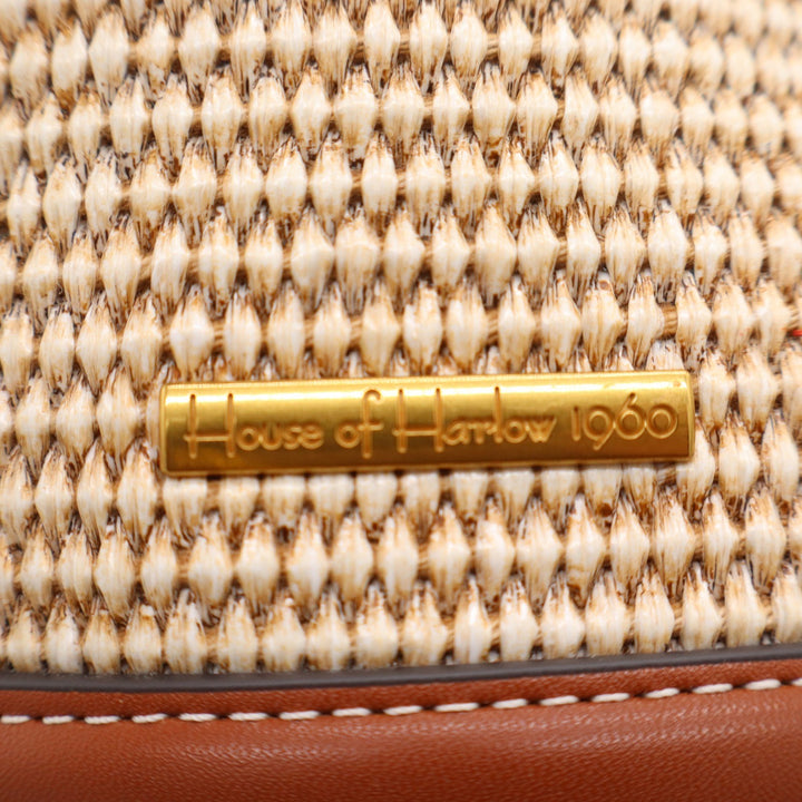 House of Harlow 1960 Woven Straw Leather Bucket Bag Brown Beige Crossbody