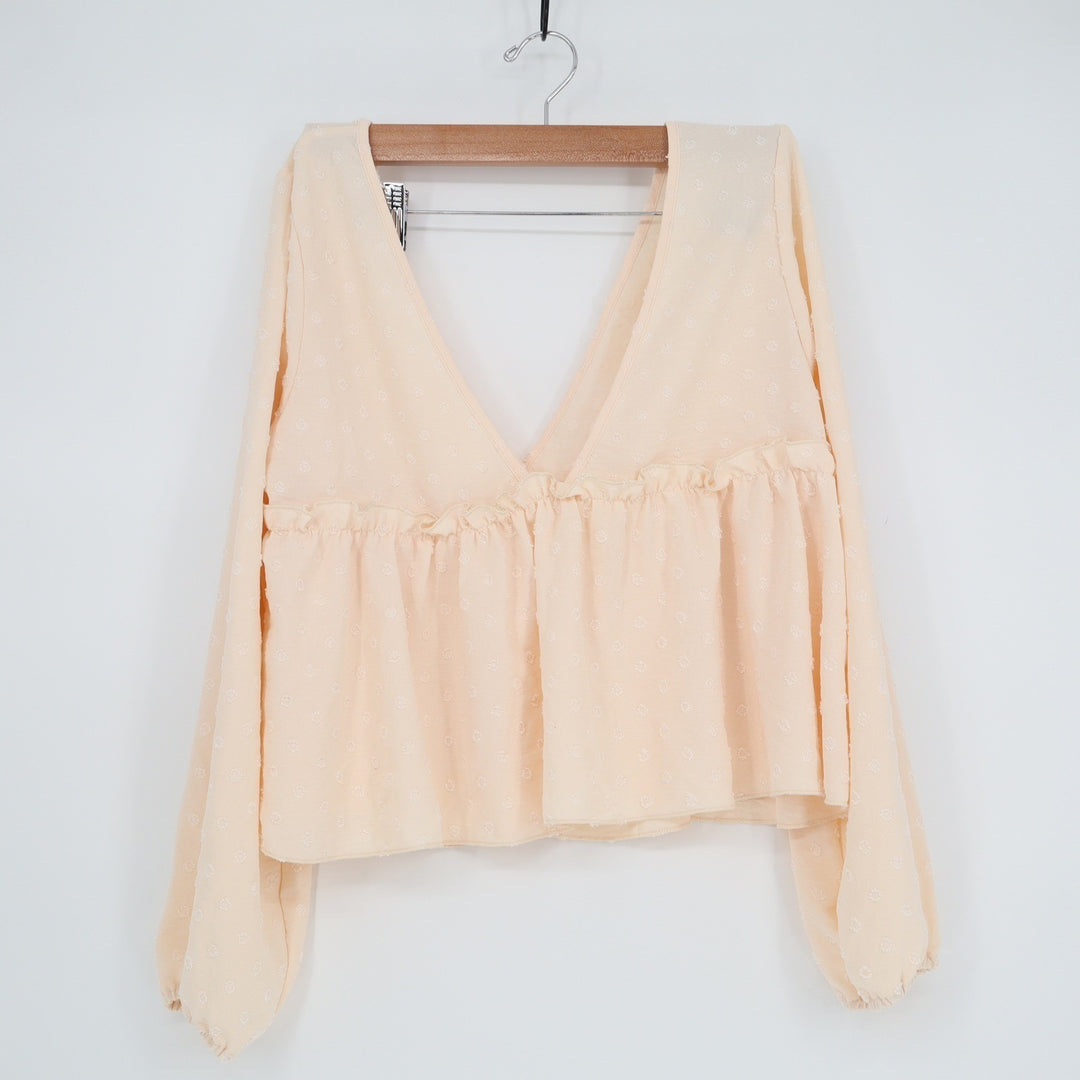 Peach Swiss Dot Deep V-Neck Peplum Blouse Long Sleeve Ruffle Top Large