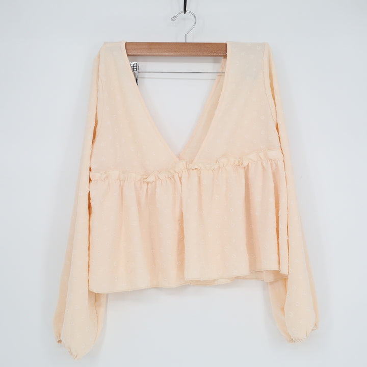 Peach Swiss Dot Deep V-Neck Peplum Blouse Long Sleeve Ruffle Top Large