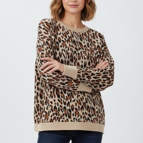 H&M Leopard Print Sweater Crew Neck Long Sleeve Zipper Back Size L