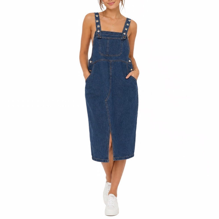 X-Girl Denim Overall Pinafore Dress Blue Daisy Embroidered Straps Midi Size M