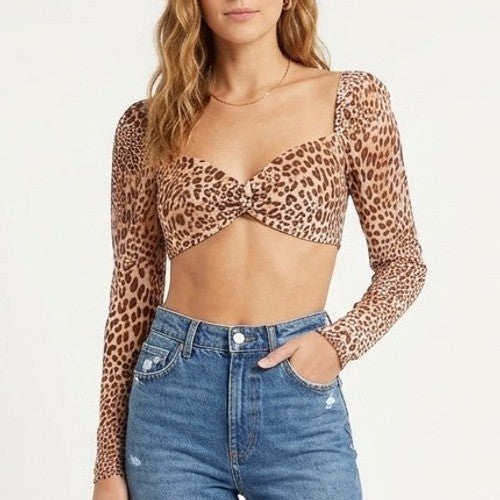 Naked Wardrobe Leopard Print Twist Front Smocked Crop Top Brown Small