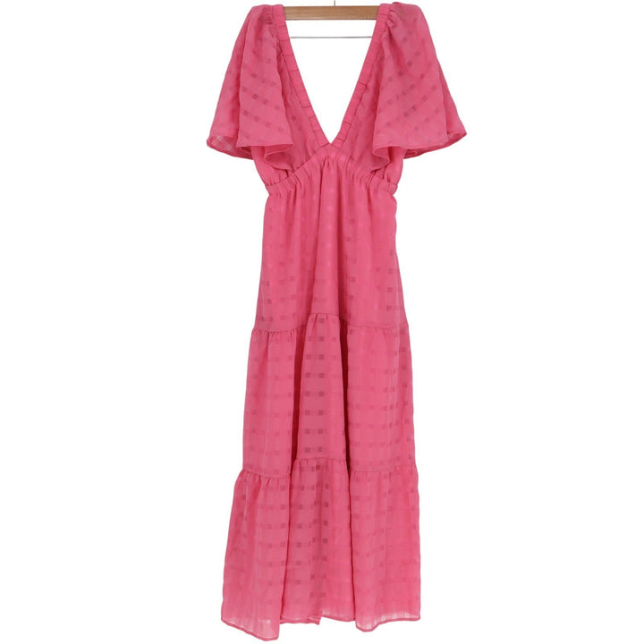 Stile Collection Pink Tiered Maxi Dress Flutter Sleeve V-Neck Checkered Medium