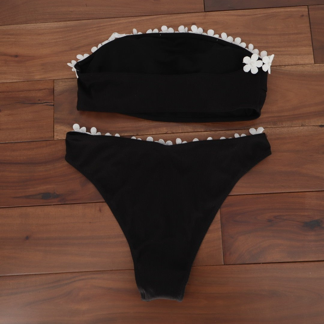 Cupshe Strapless Bandeau Bikini Set Womens L Black Stretch Floral Pearl Swimwear
