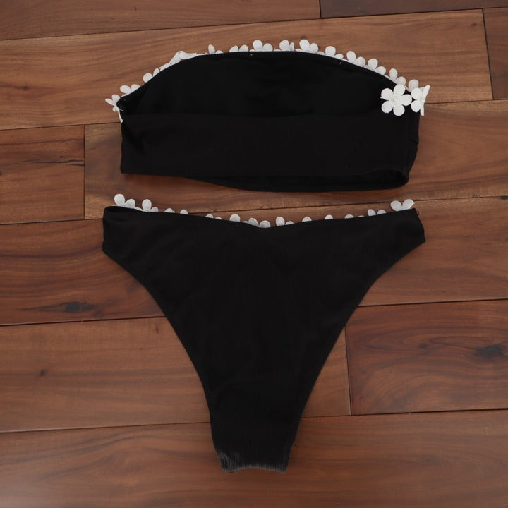 Cupshe Strapless Bandeau Bikini Set Womens L Black Stretch Floral Pearl Swimwear