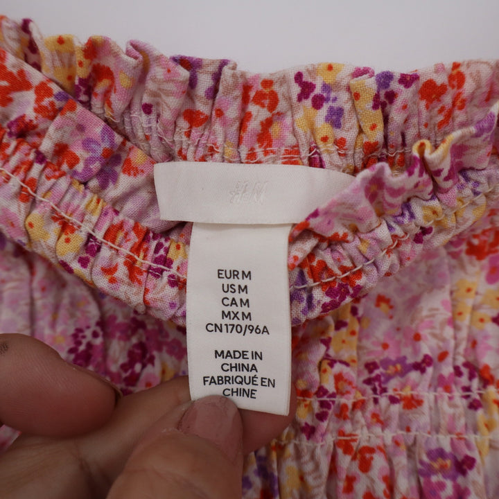 HM Pink Floral Smocked Mini Dress Puff Sleeve Cotton Linen Blend Size M