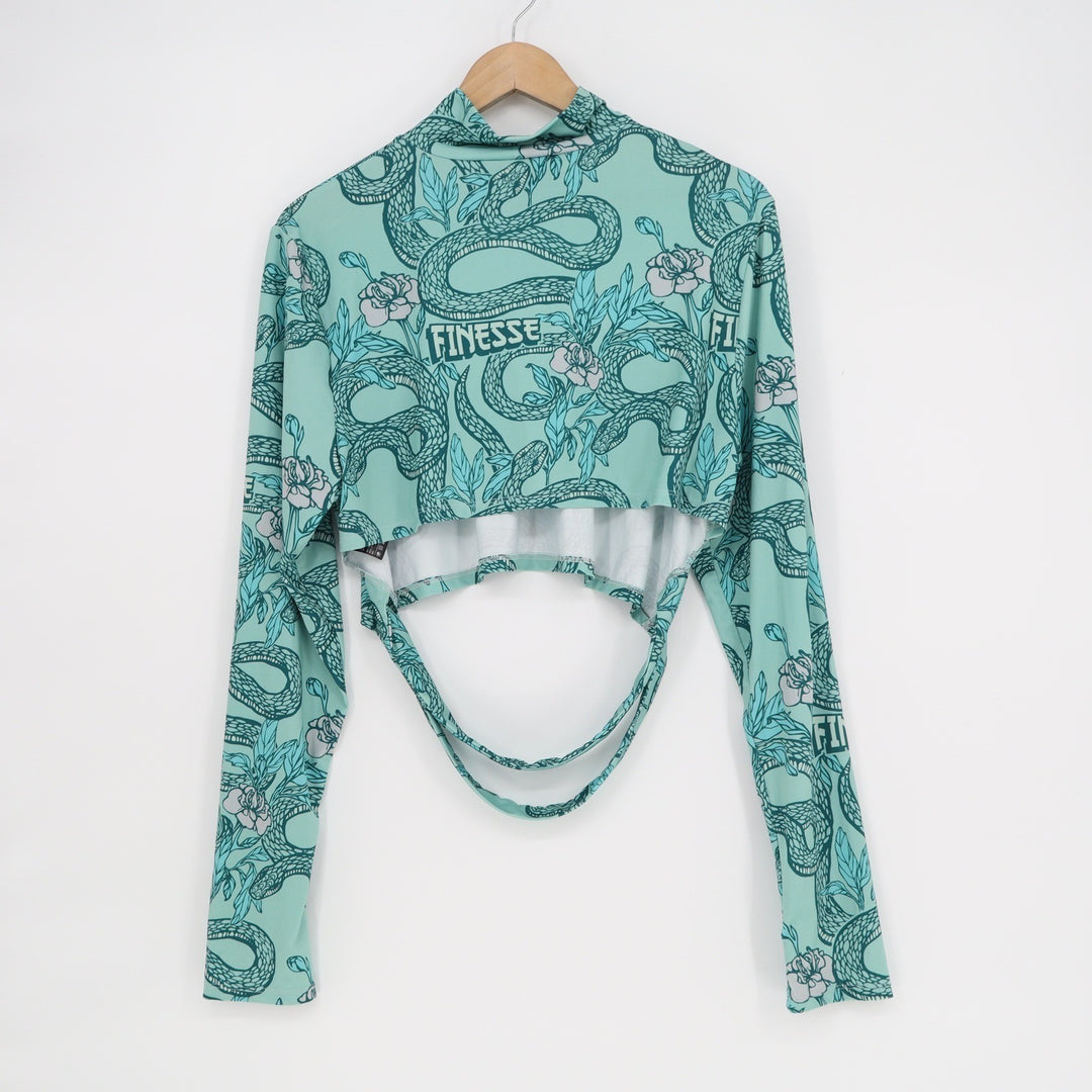 Finesse Mint Green Snake Floral Graphic Mock Neck Strappy Back Crop Top 1X