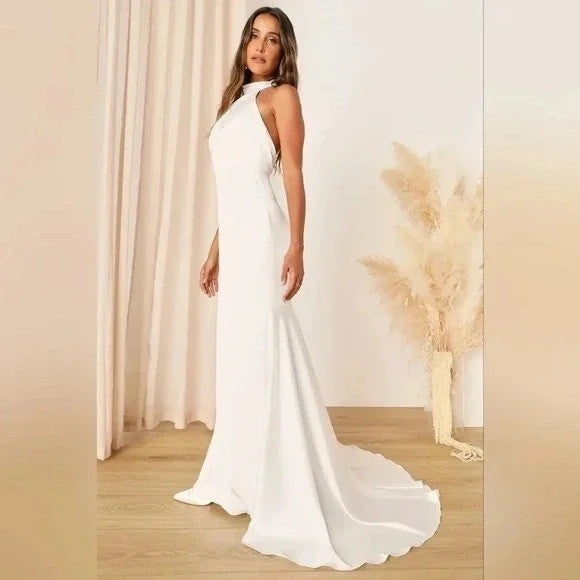 Lulus Eternity Together White Satin Halter Mermaid Maxi Dress Size L