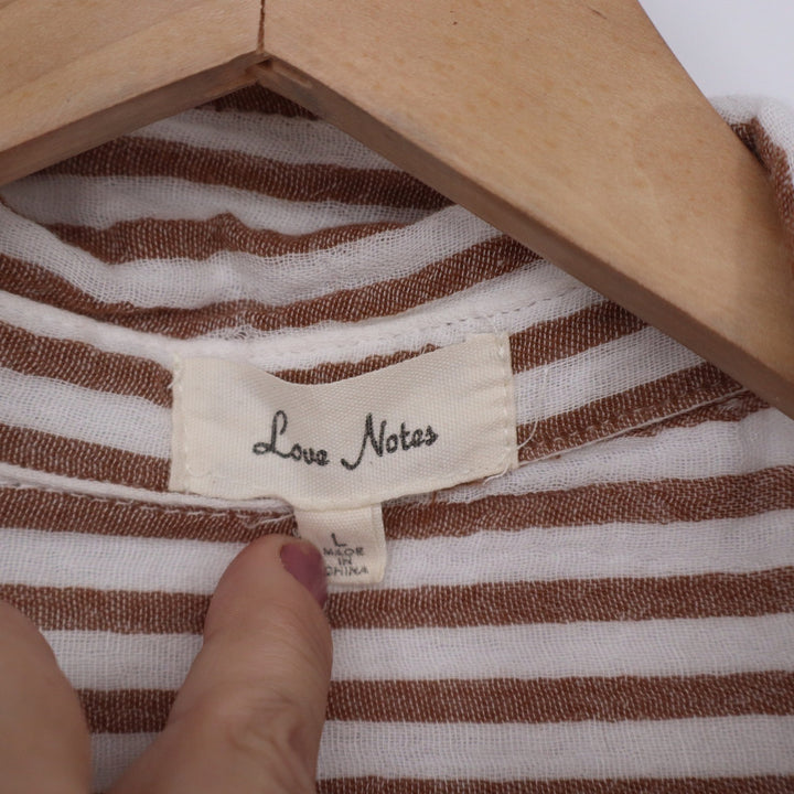 Love Notes Brown White Striped Cotton Gauze Cropped Button Down Shirt Large