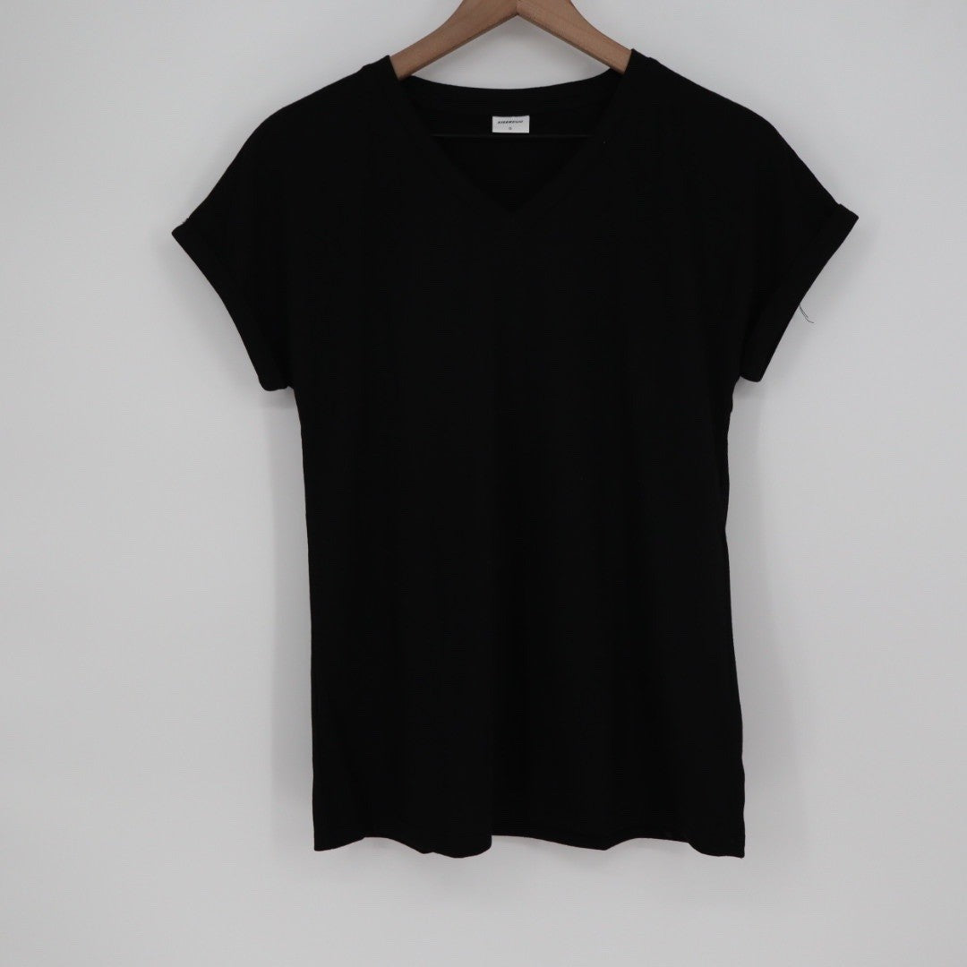 XIEERDUO Black V Neck Short Sleeve Basic T Shirt Top Size S