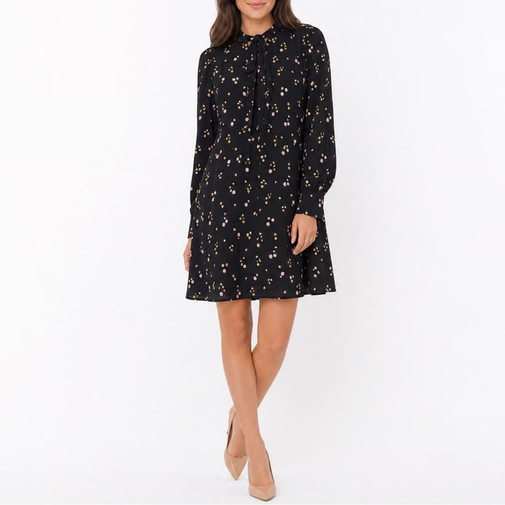 LOFT Black Floral Tie Neck Long Sleeve Mini Dress Size 6
