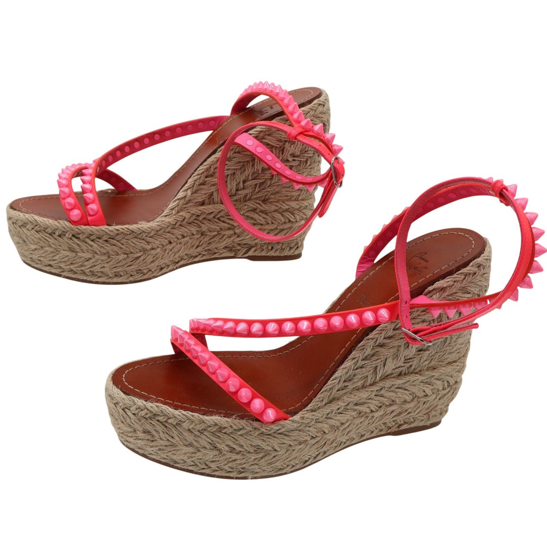 Christian Louboutin Neon Pink Studded Espadrille Wedge Sandals 38