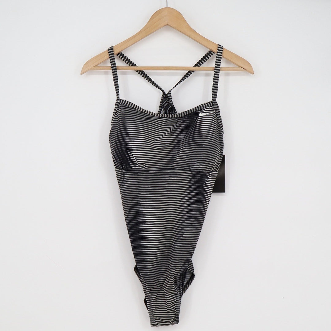 Nike Womens One Piece Swimsuit Black Grey Striped Racerback NWT L