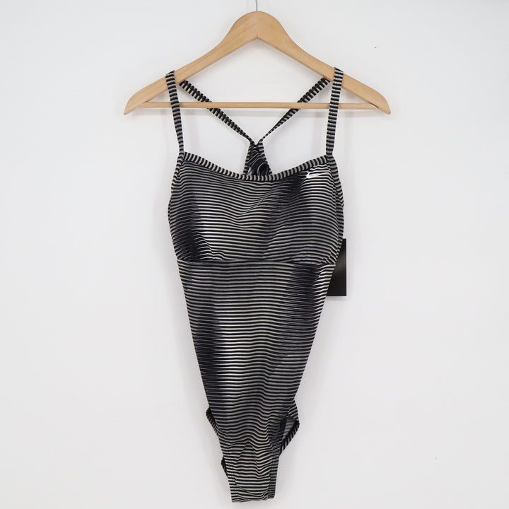 Nike Womens One Piece Swimsuit Black Grey Striped Racerback NWT L