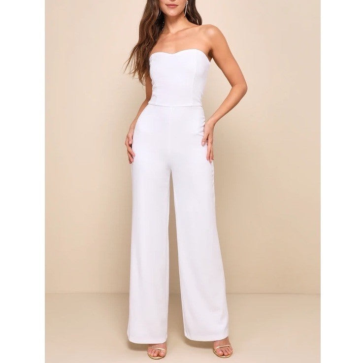 Lulus Edith Strapless Jumpsuit Womens Medium White Back Zip Wide Leg One Piece
