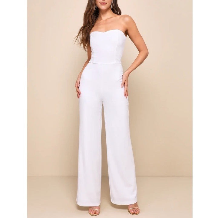 Lulus Edith Strapless Jumpsuit Womens Medium White Back Zip Wide Leg One Piece