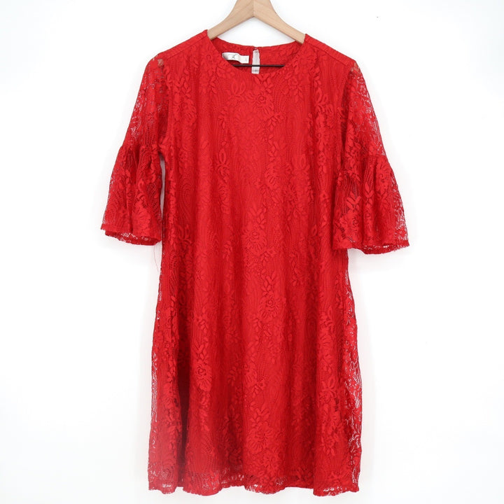 K Red Floral Lace Bell Sleeve Shift Dress Womens Large Knee Length