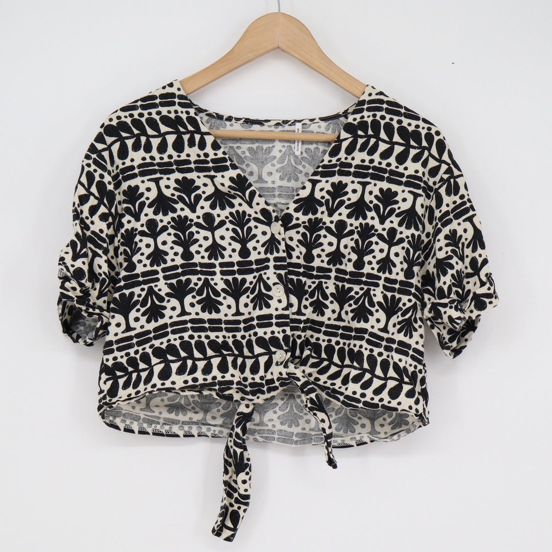Koton Black White Linen Blend Block Print Tie Front Crop Top Size 36