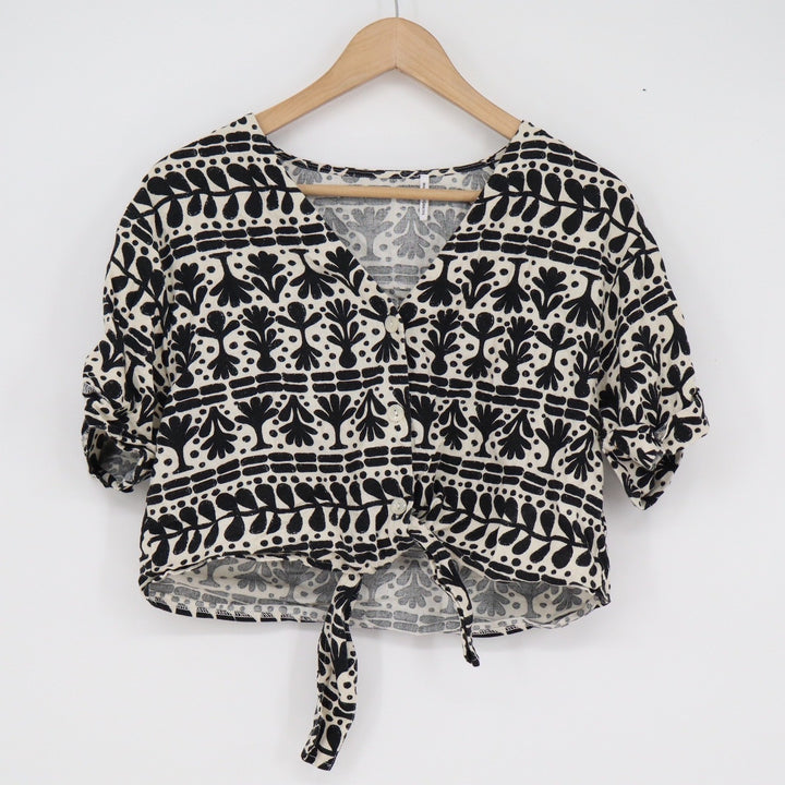 Koton Black White Linen Blend Block Print Tie Front Crop Top Size 36