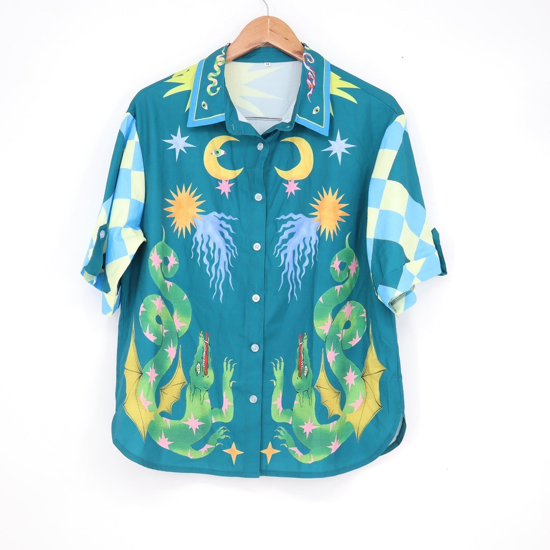 Teal Celestial Dragon Sphinx Print Matching Shirt and Shorts Set Medium