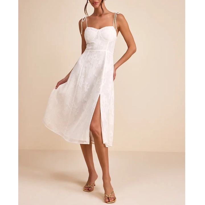 Lulus Loveliest Looks Midi Dress Womens Large White Floral Jacquard Tie-Strap