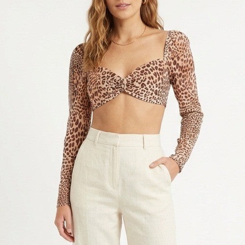 Naked Wardrobe The Statement Leopard Print Crop Top Long Sleeve Small