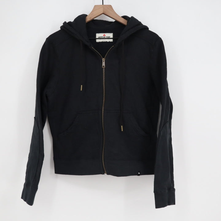 American Giant Hoodie Women Small Black Full Zip Cotton Logo Drawstring Rib Hem
