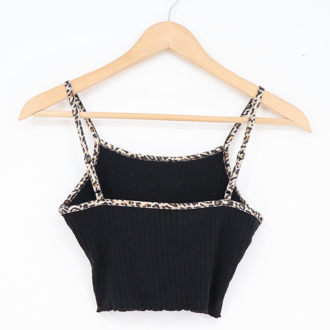 SHEIN Womens XS Black Ribbed Cropped Camisole Top Leopard Print Trim Spaghetti