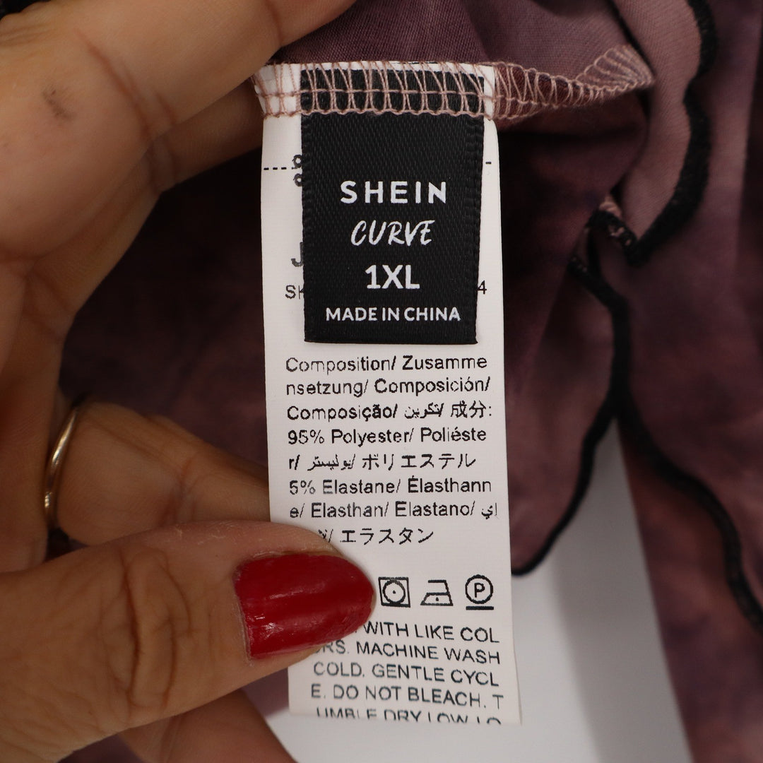 SHEIN Curve Womens 1XL Purple Tie Dye Bell Sleeve Lettuce Trim Crop Top