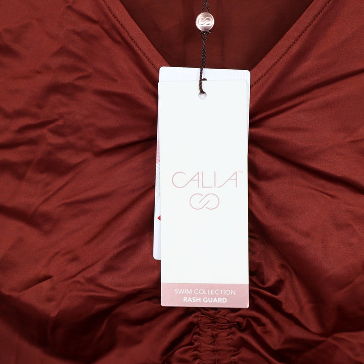 Calia Womens Ruched Rash Guard Red Brown Shine Long Sleeve Crop Top UPF 50+ M