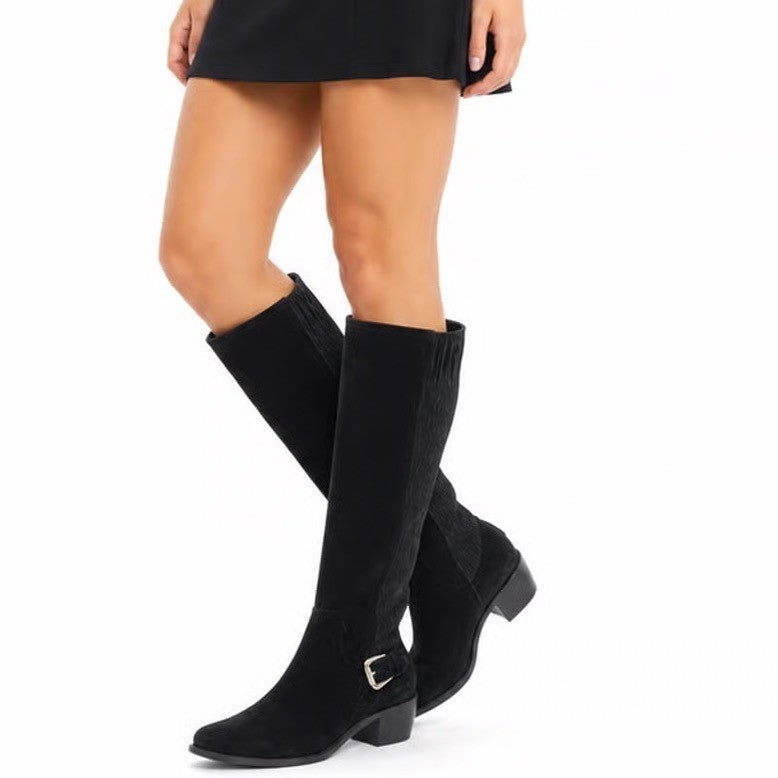 Donald J Pliner Black Suede Stretch Tall Block Heel Boots Size 7 Made Italy