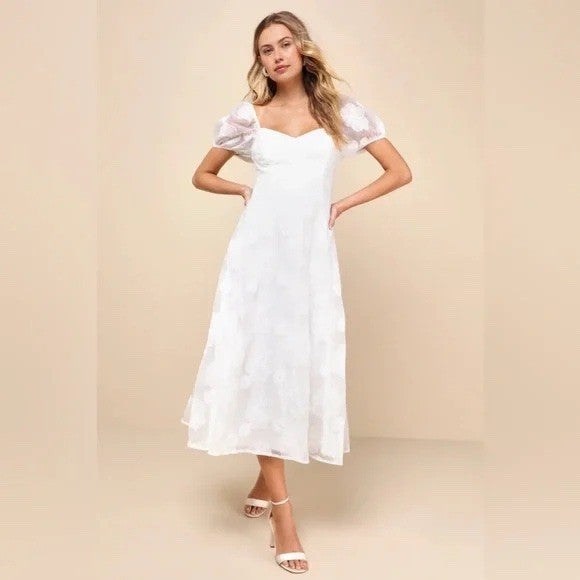 Lulus Sweetest Behavior White Embroidered Puff Sleeve Midi Dress Size S