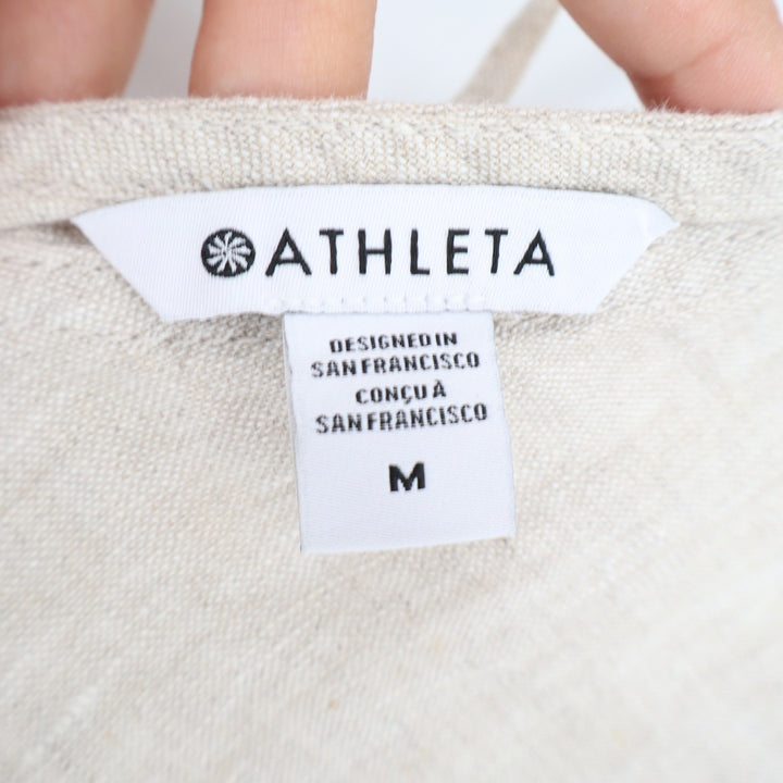 Athleta Retreat Linen Romper Oatmeal Beige V-Neck Sleeveless Pockets M