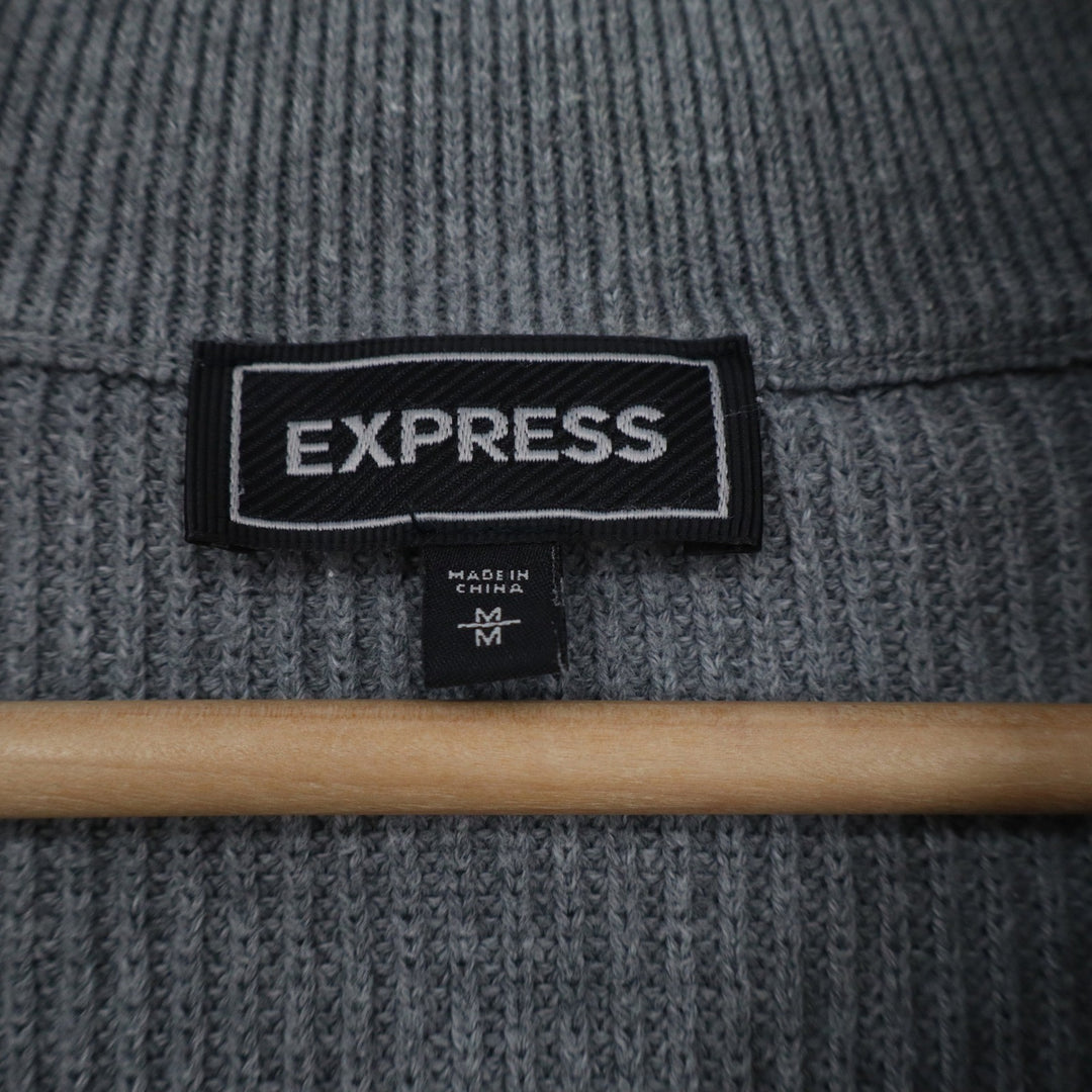 Express Mens Gray 100% Cotton Ribbed Quarter Zip Moto Elbow Sweater Size M