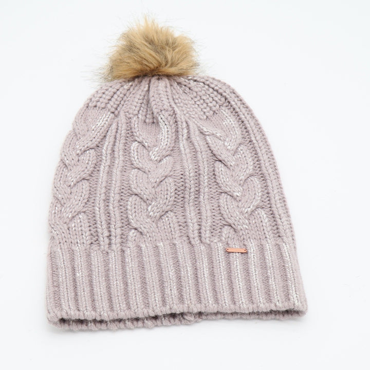 Free People Beanie Womens OS Wool Beanie Purple Metallic Cable Knit Pom