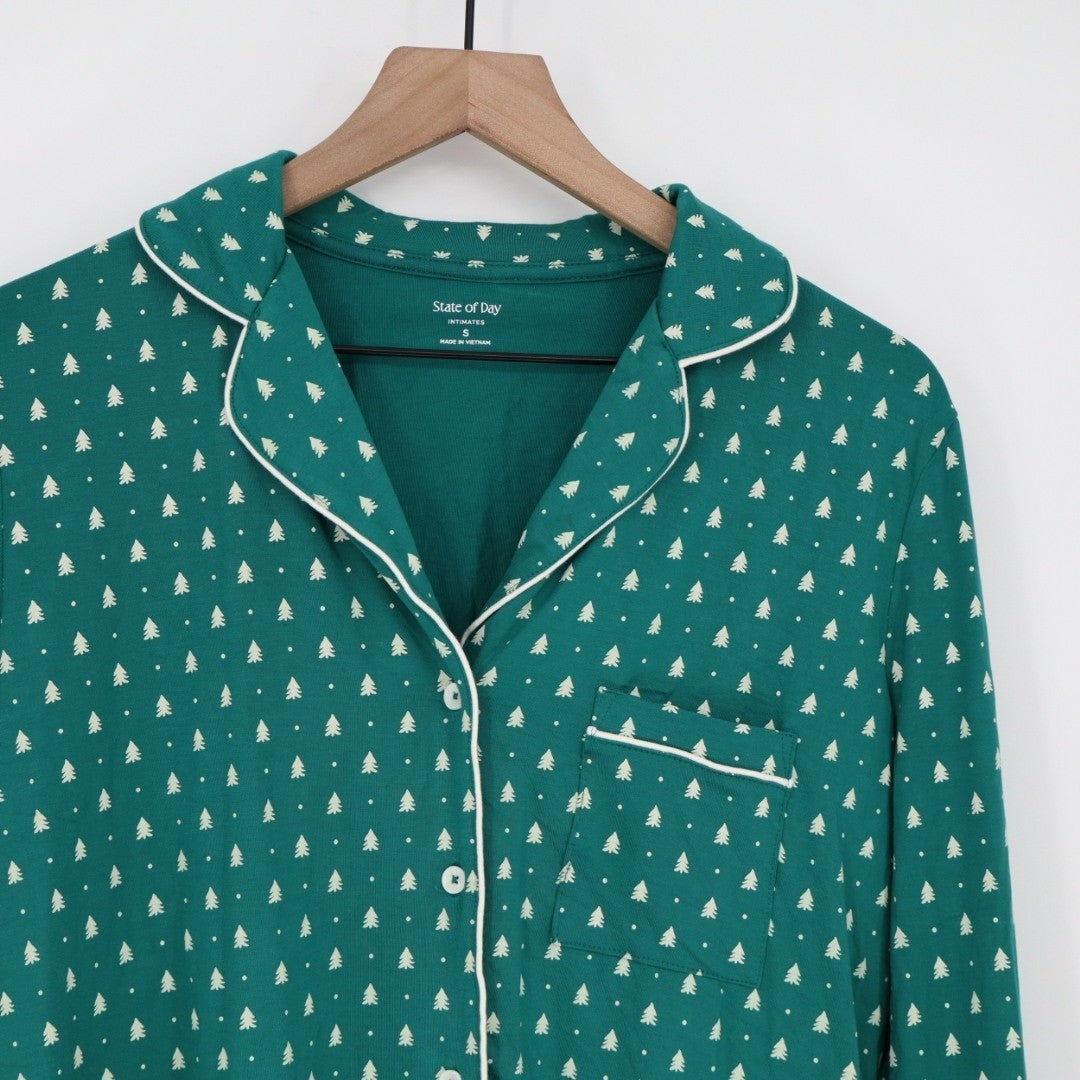 State Of Day Intimates Pajama Top Womens S Green Tree Print Stretch Notch Collar