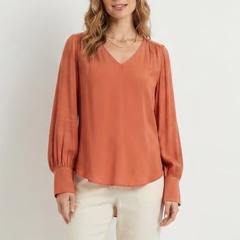 Maison d'Amelie Paris Womens Large Terracotta Orange V-Neck Bishop Sleeve Blouse