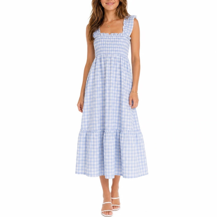 Blue White Gingham Smocked Midi Dress Ruffle Strap Tiered Sun Dress Medium