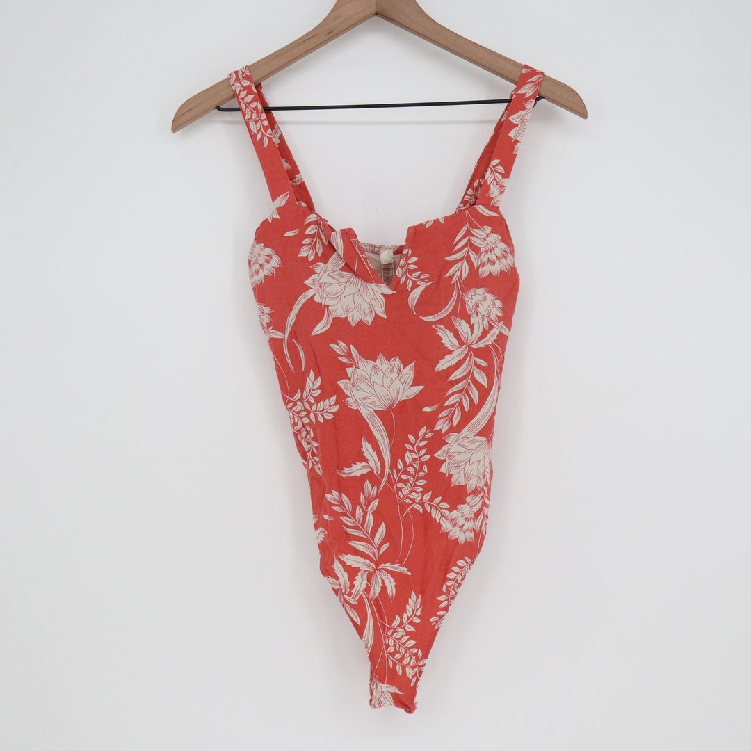 Intimately Free People Red Floral Notched Neck Bodysuit Small S