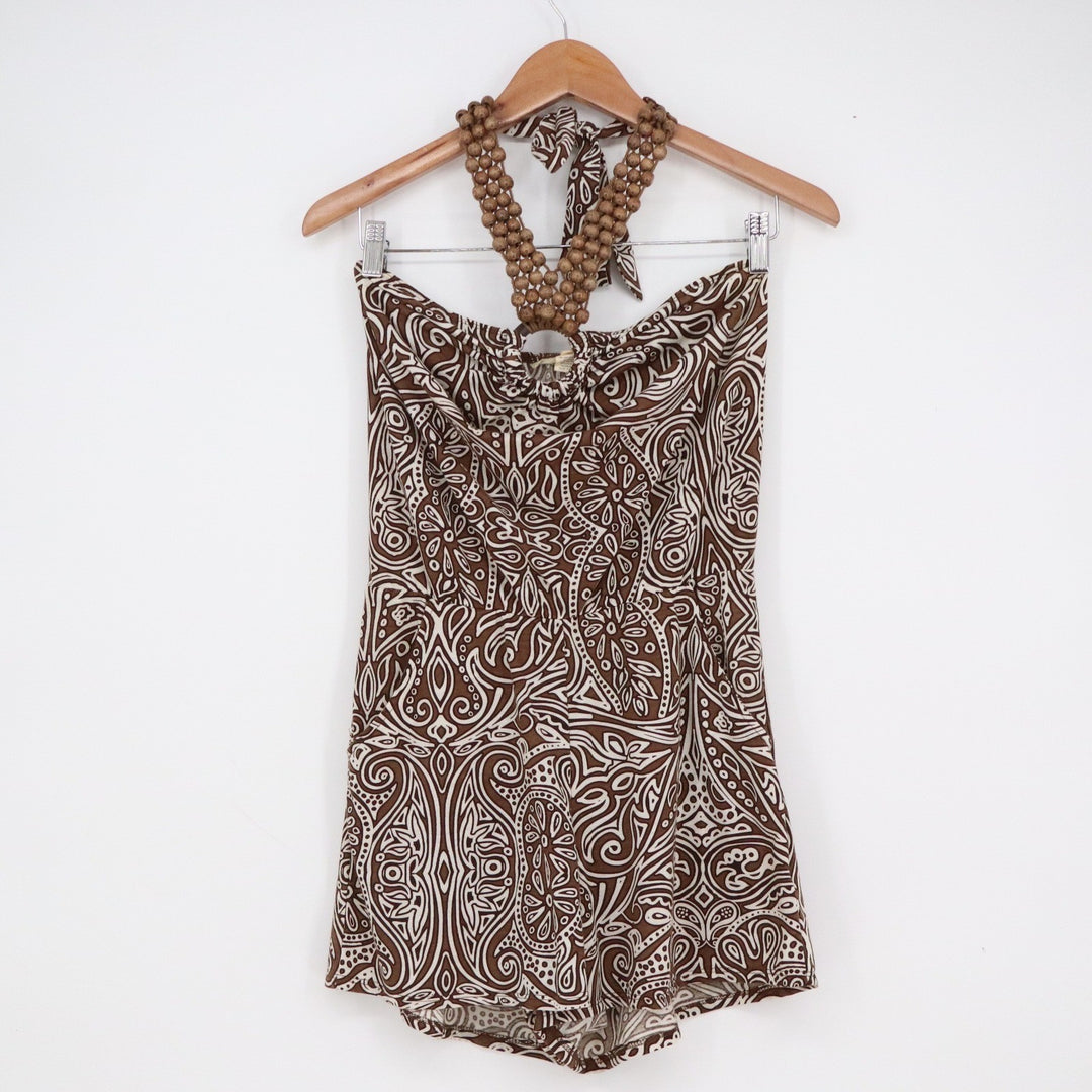 Derek Heart Brown Paisley Halter Romper Wood Bead Accent Medium Summer Boho